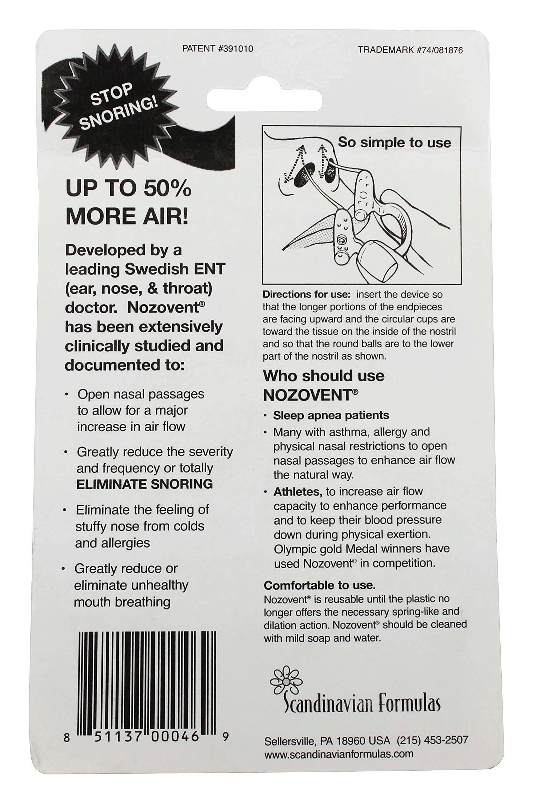 Scandinavian Formulas Nozovent device in use during sleep for potential comfort.