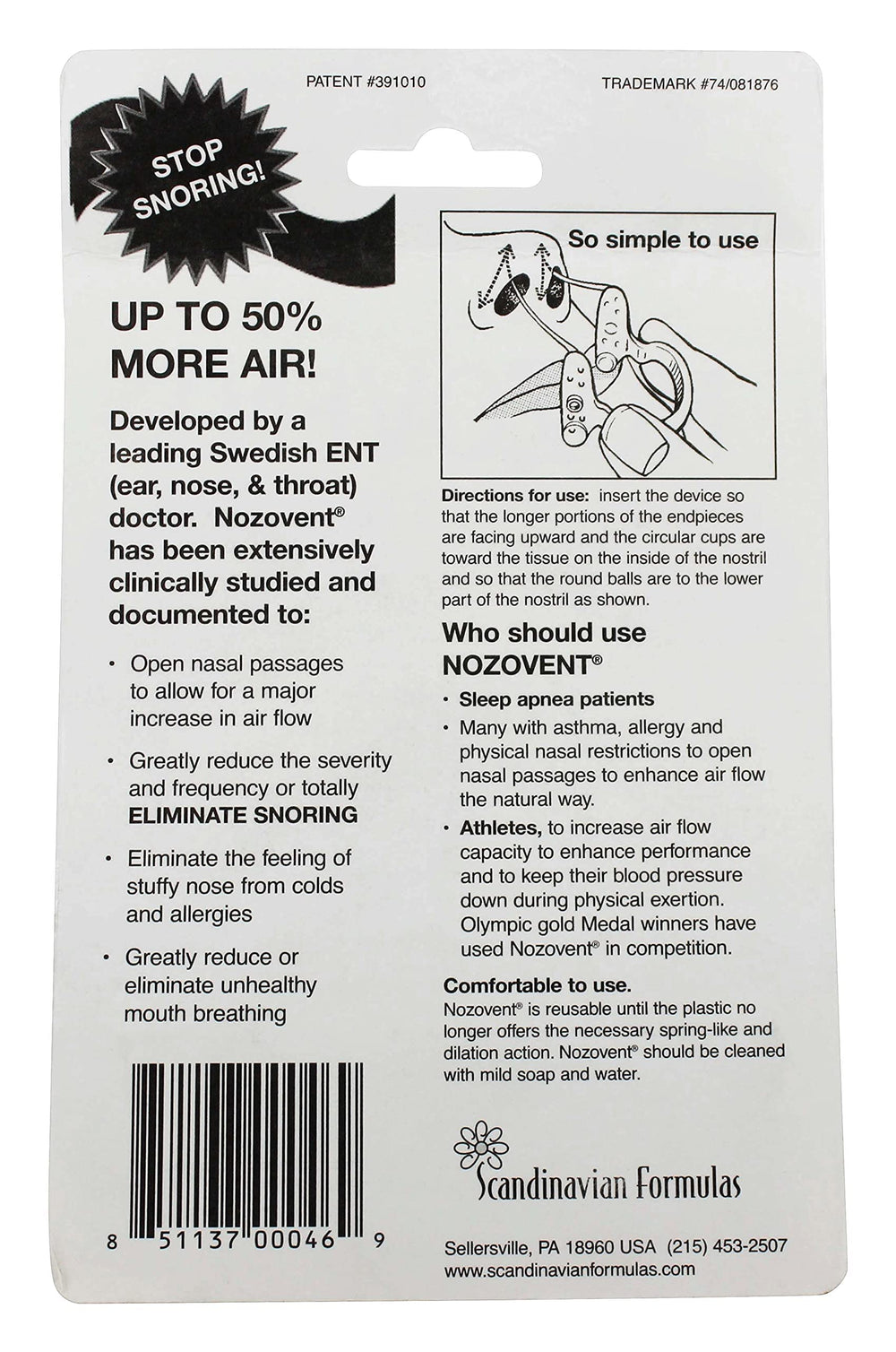 Scandinavian Formulas Nozovent device in use during sleep for potential comfort.