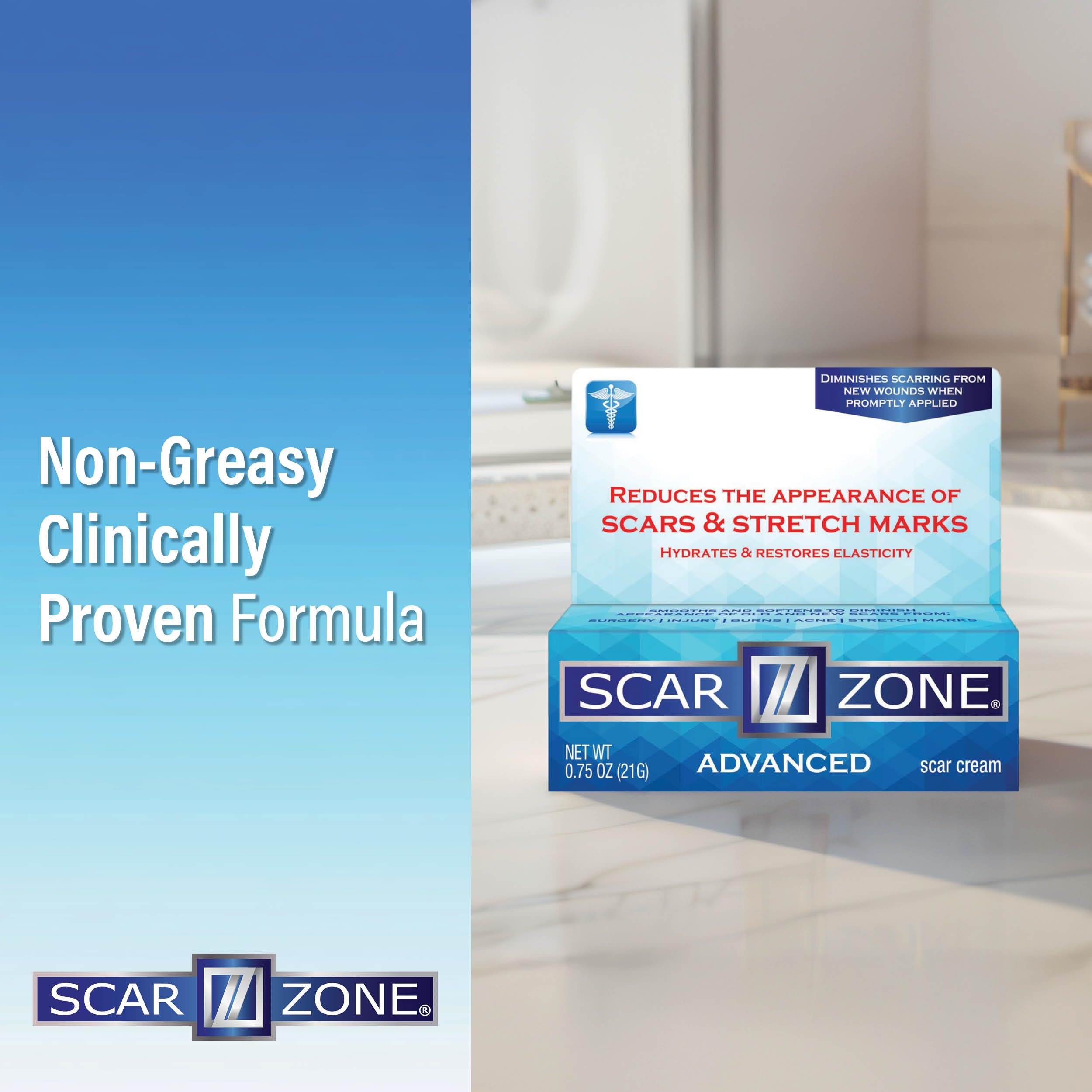 SCAR ZONE Advanced Scar Cream highlighting hyaluronic acid hydrates scar tissue.