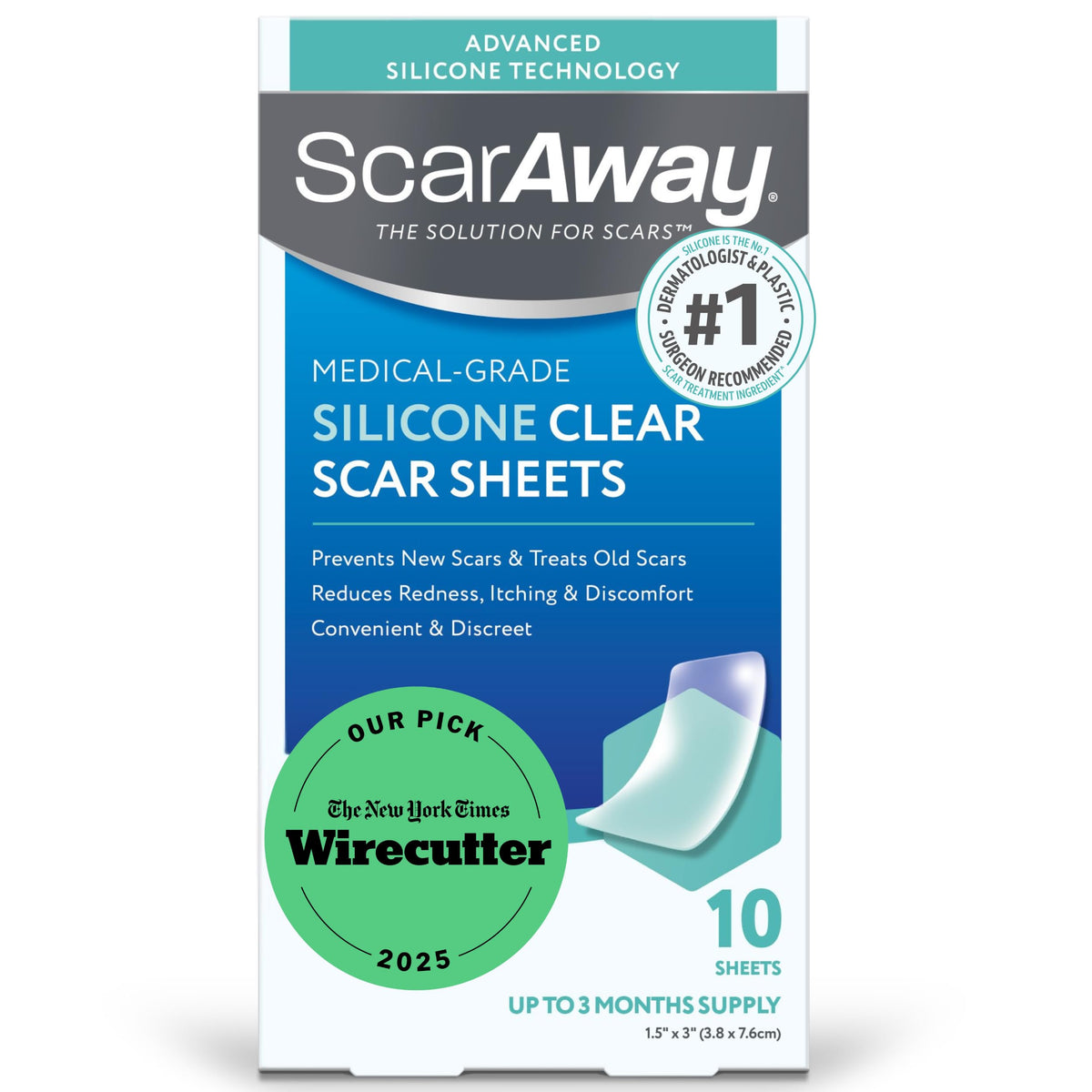 ScarAway Advanced Clear Silicone Sheets pack for scar care and prevention.