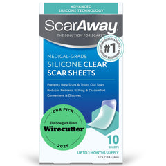 ScarAway Advanced Clear Silicone Sheets pack for scar care and prevention.