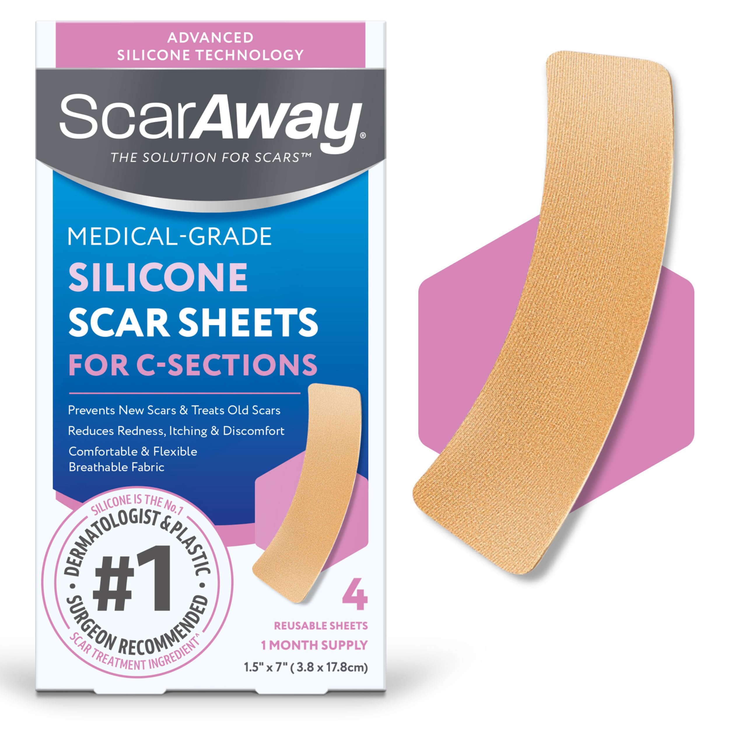 ScarAway advanced silicone scar sheet for C-section, discreet wear.