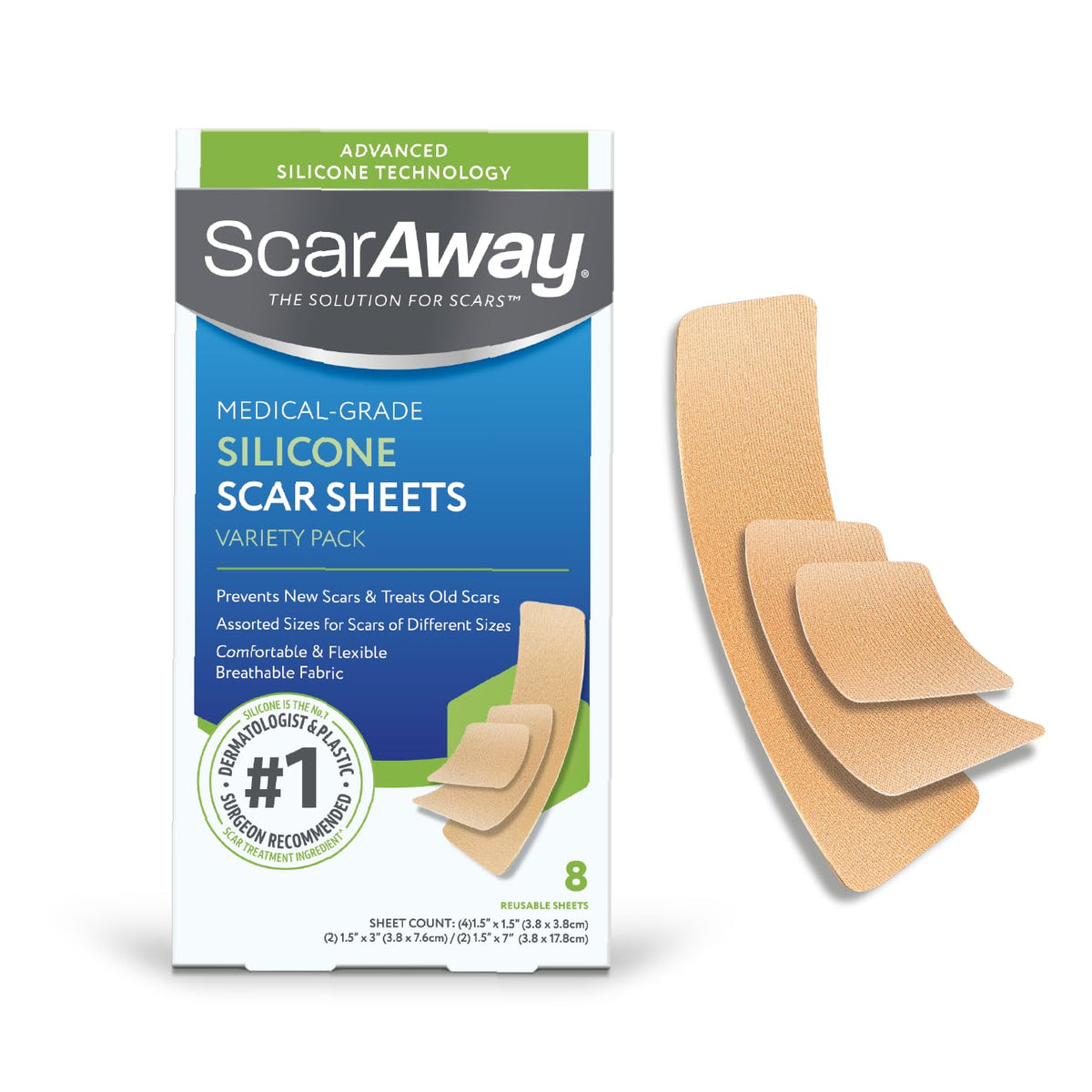 ScarAway advanced silicone scar sheets pack front view for versatile scar treatment