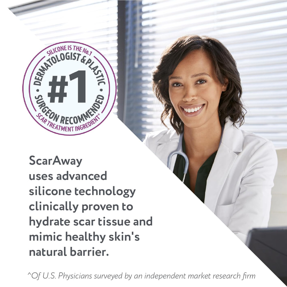 ScarAway kit demonstrates day and night coverage with tan self-adhesive sheets.