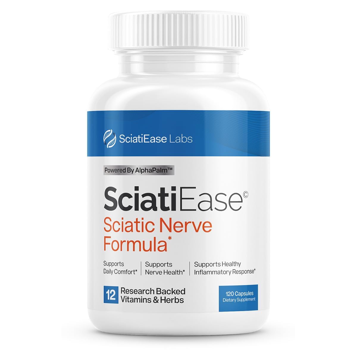 SciatiEase bottle-front view signaling daily nerve support at home or on the go.
