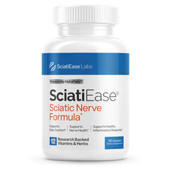 SciatiEase bottle-front view signaling daily nerve support at home or on the go.