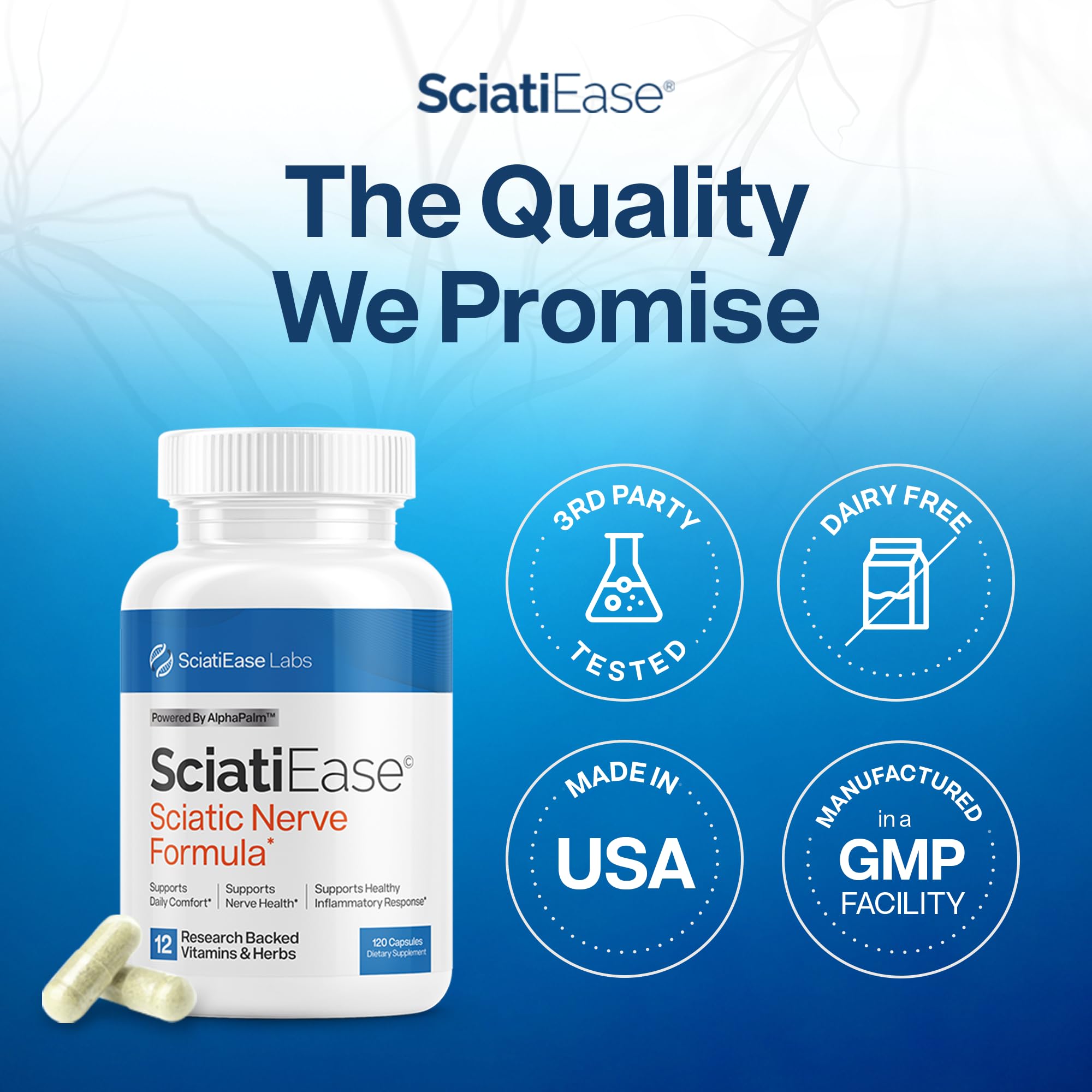 SciatiEase packaging box on a kitchen counter during morning routine.