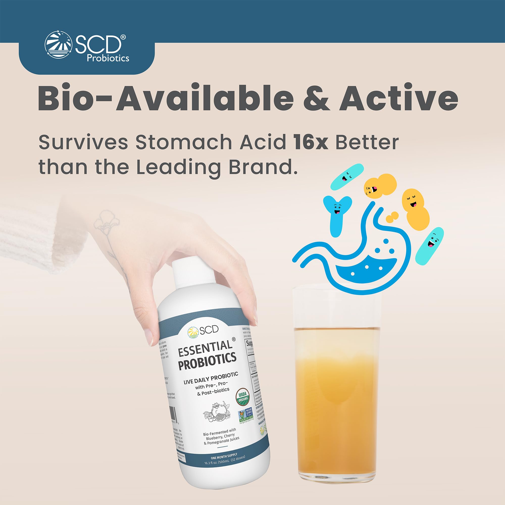 SCD Probiotics bottle beside cold drink to illustrate mixing into beverages