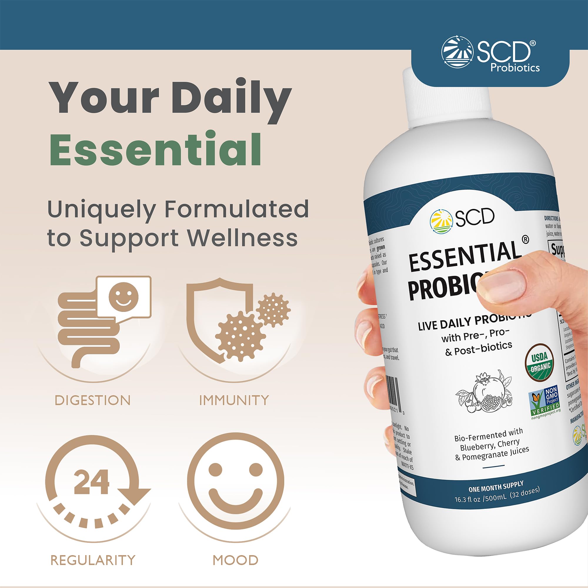 SCD Probiotics liquid probiotic pour into glass for easy daily dosing