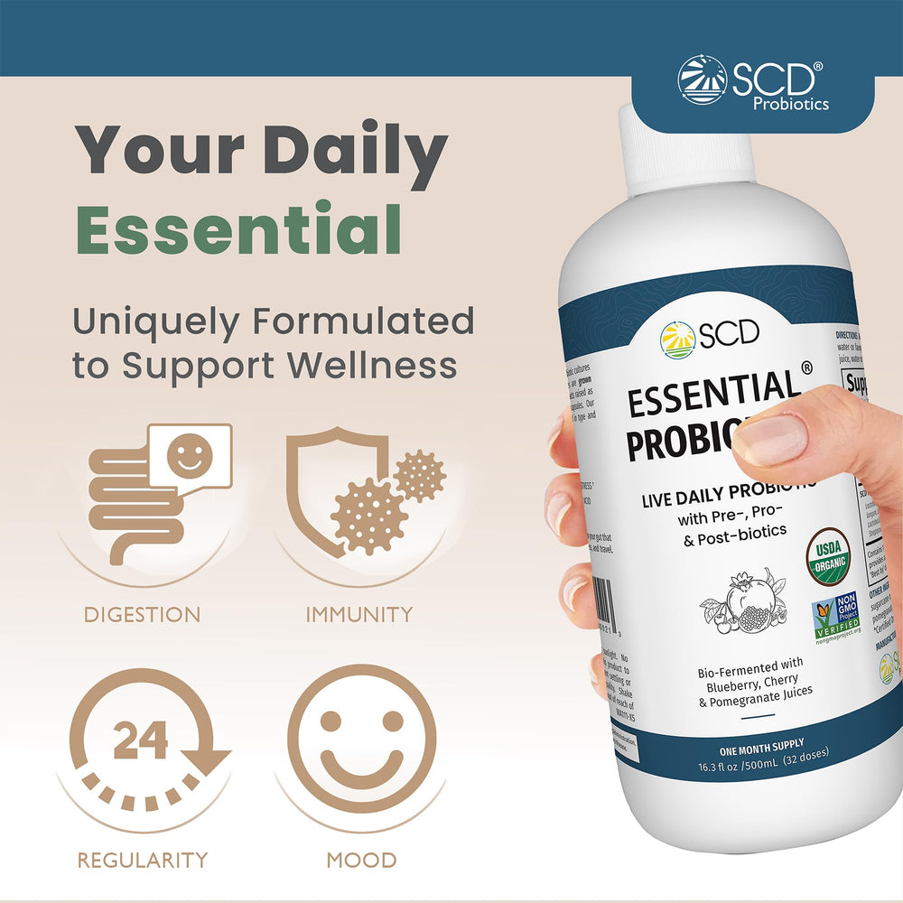 SCD Probiotics liquid probiotic pour into glass for easy daily dosing