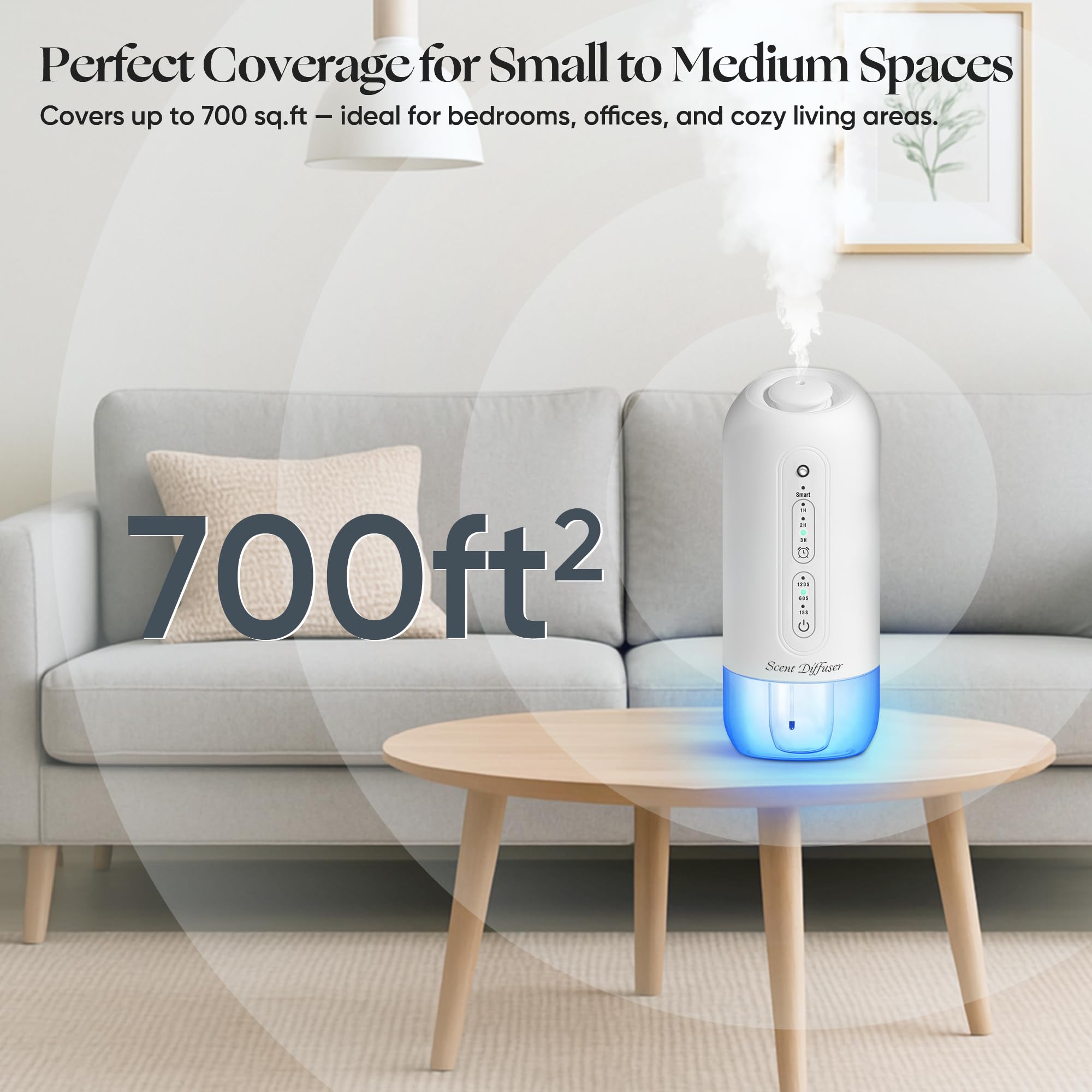 ScentDinbor diffuser with blue ambient light provides a calming glow.