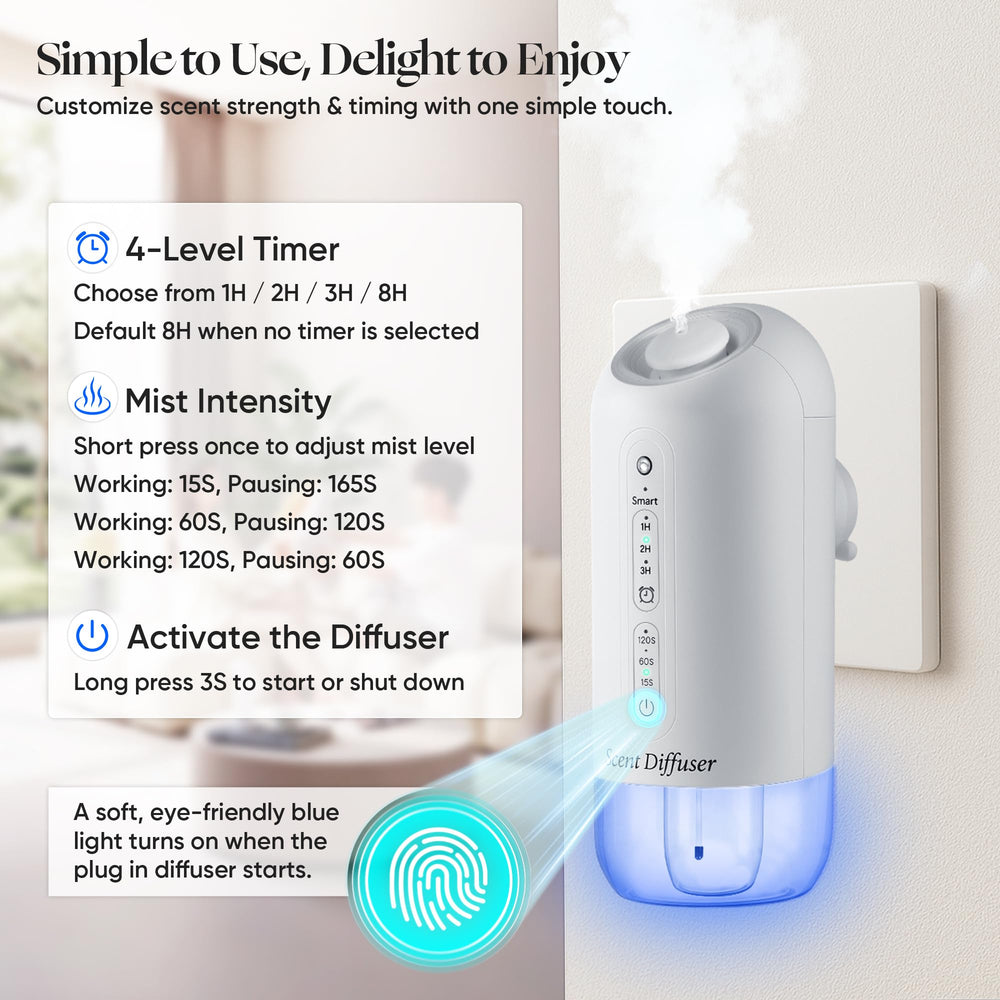 ScentDinbor three-mist-level diffuser enables customizable aroma intensity.