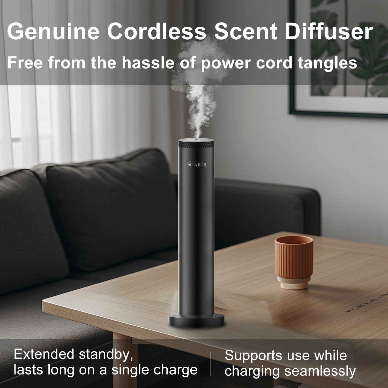 SCENTEER app control image, Bluetooth scheduling and remote fragrance management.