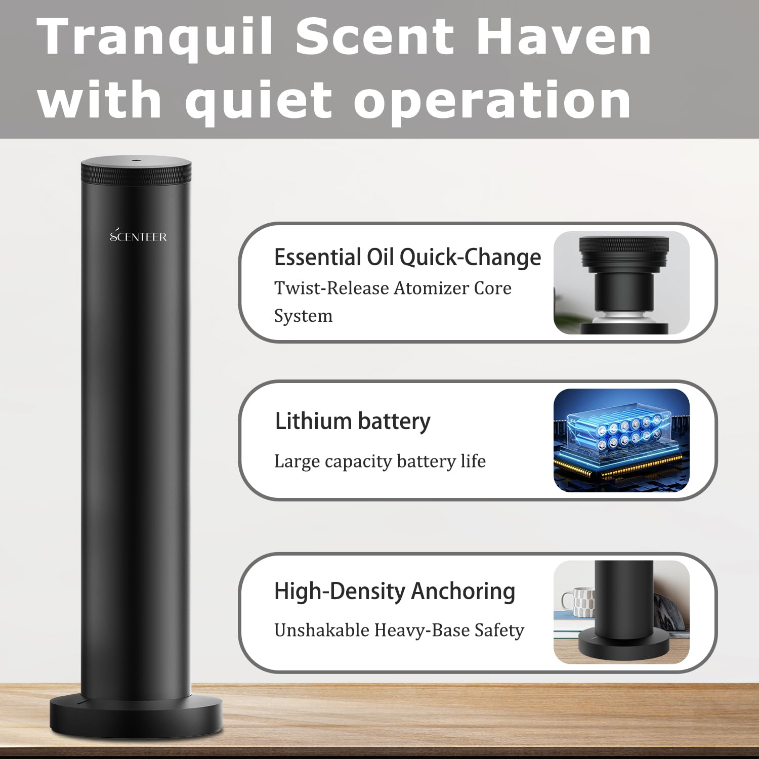 SCENTEER diffuser controls front, easy button access for quick fragrance adjustments.