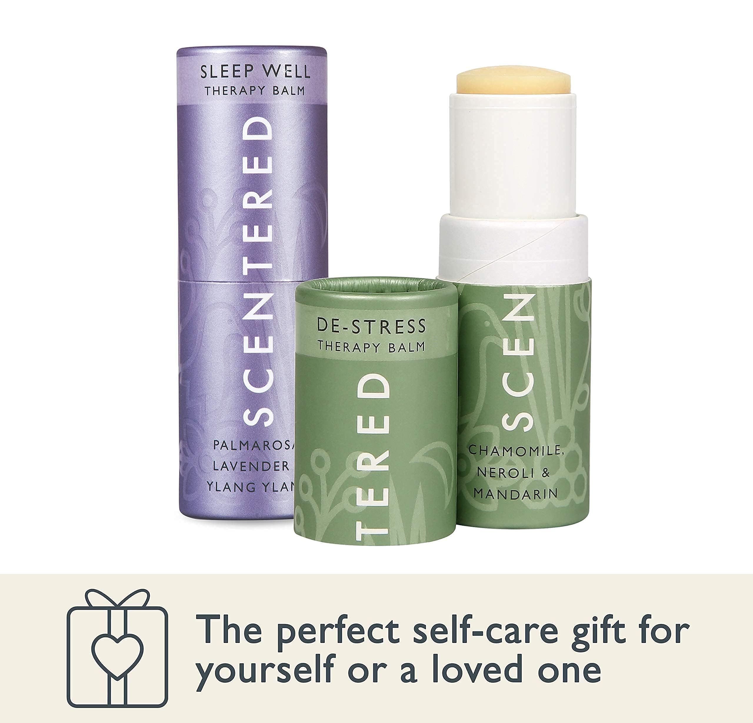 Scentered De-Stress Balm label with chamomile and neroli notes.
