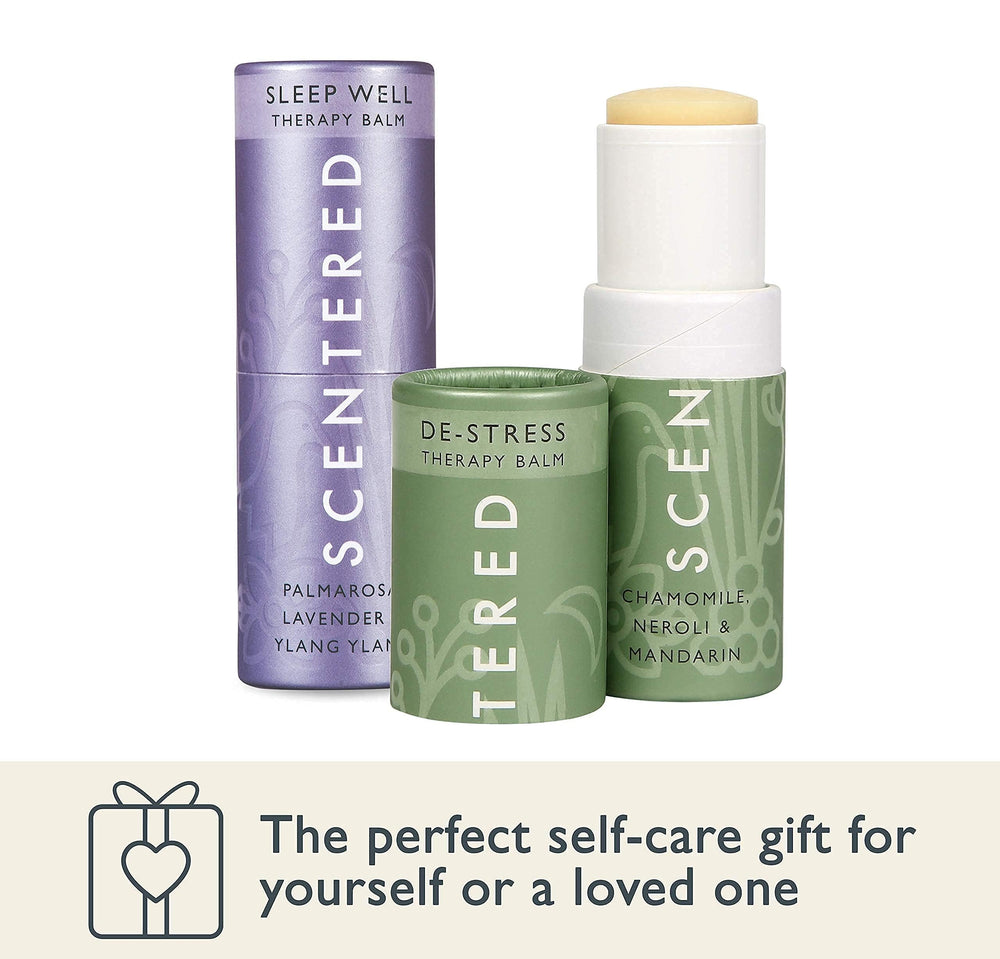 Scentered De-Stress Balm label with chamomile and neroli notes.