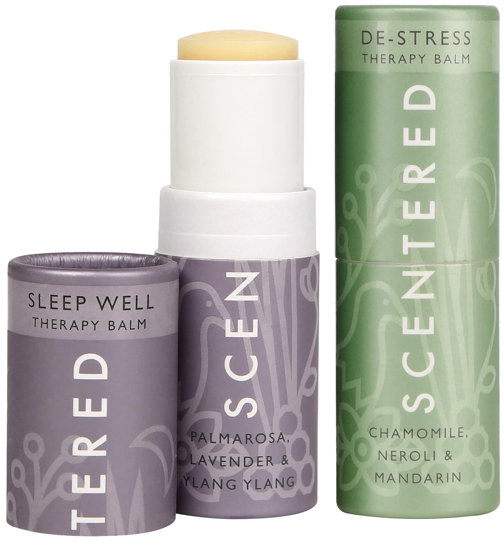 Scentered De-Stress Balm Stick on a desk for quick calm.