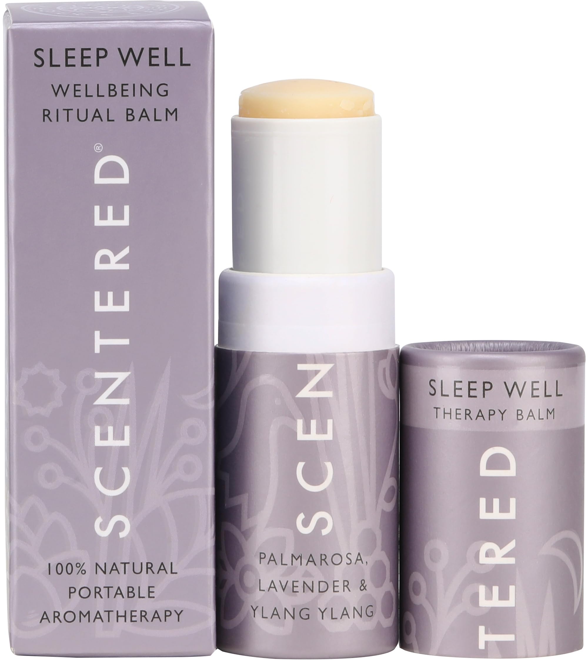 Scentered Sleep Well balm roll-on bottle close-up showing lavender aroma for bedtime.