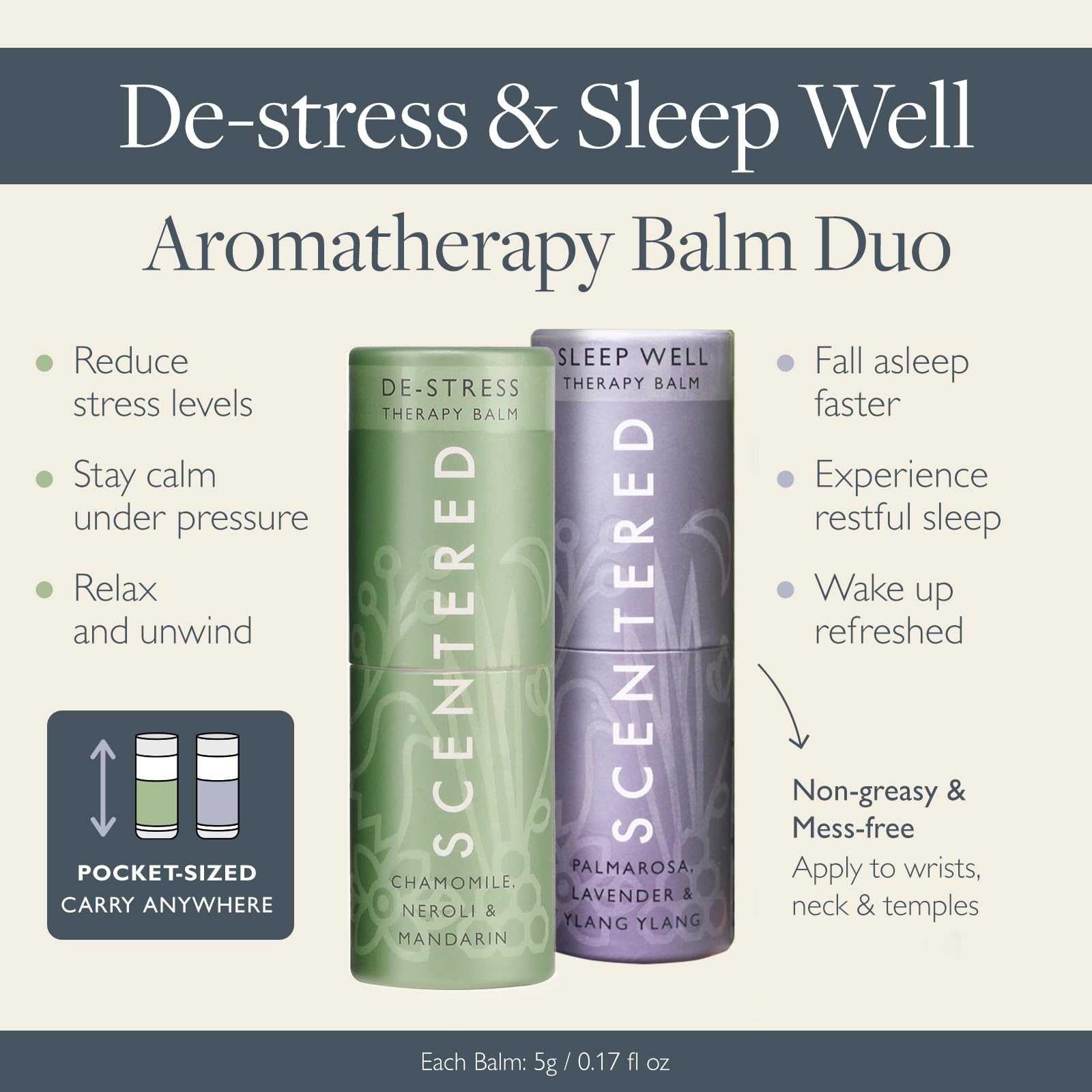Scentered Sleep Well Balm Stick placed beside a pillow for better nights.