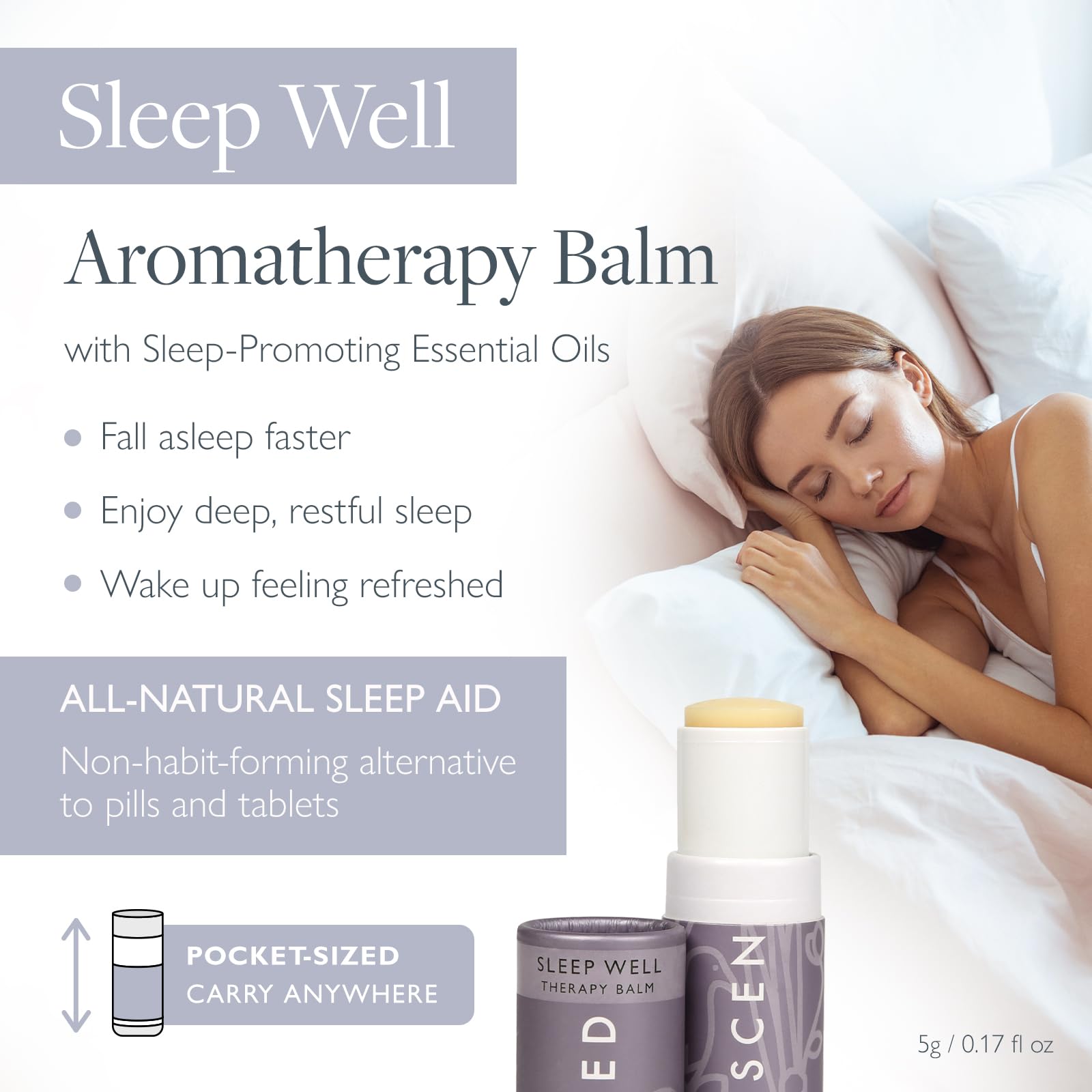 Scentered Sleep Well pocket-size balm for on-the-go relaxation and easy nightly use.