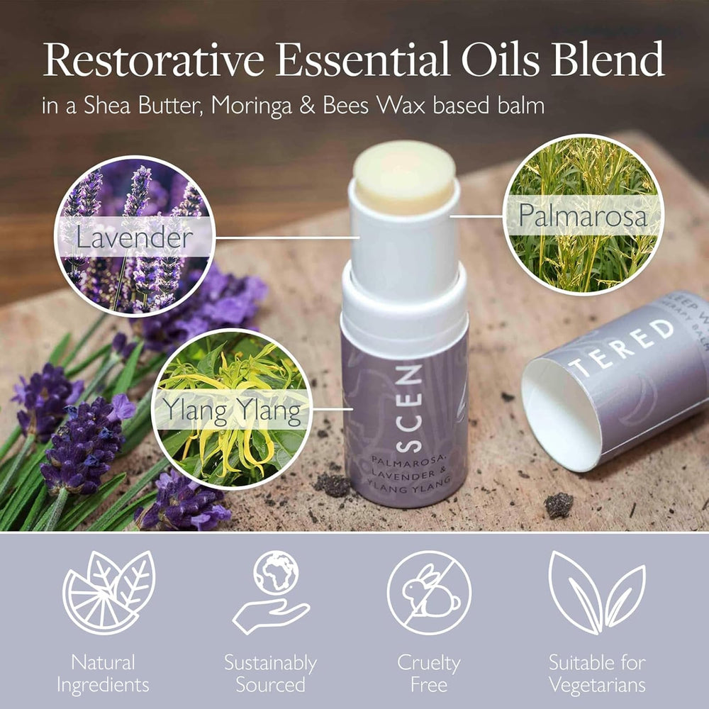 Scentered Sleep Well balm applied to pulse points for a calming nightly routine.