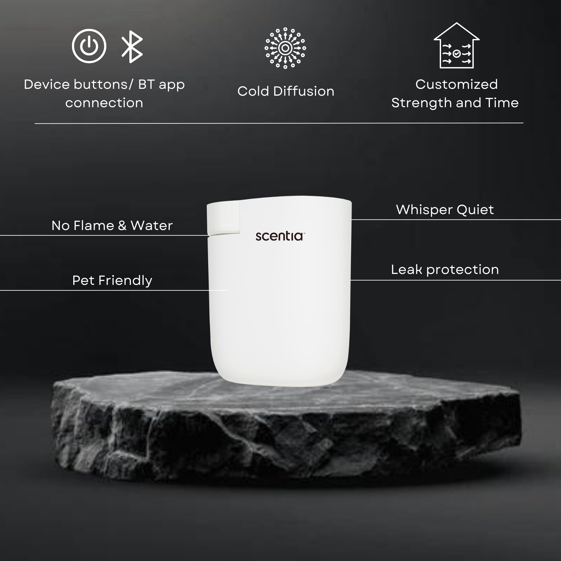 Scentia diffuser setup white desktop, simple plug-in convenience.