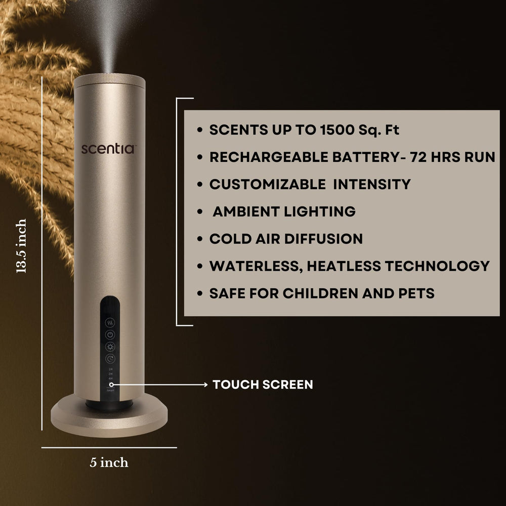 Scentia diffuser top-cap close-up highlighting waterless diffusion
