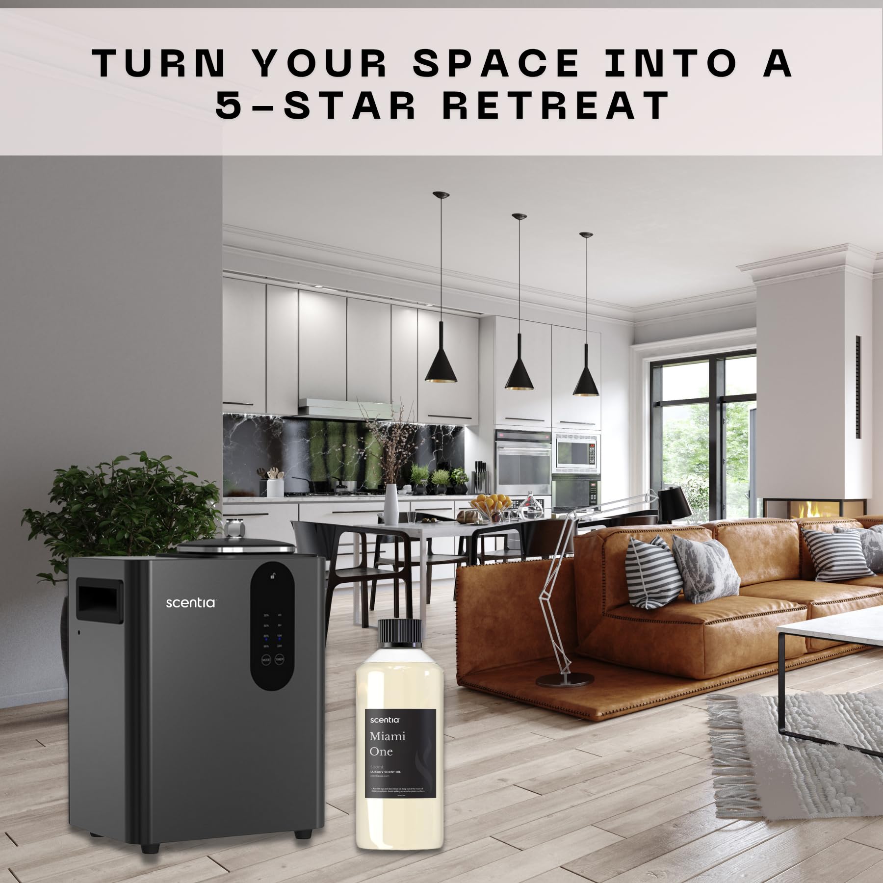 Scentia Miami One lounge setup shows hotel-inspired fragrance enhancing ambiance.