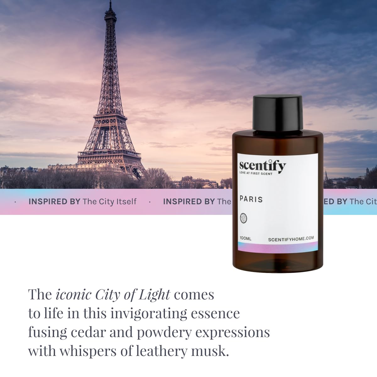 Scentify Paris aroma oil bottle on bedside table for nightly wind-down