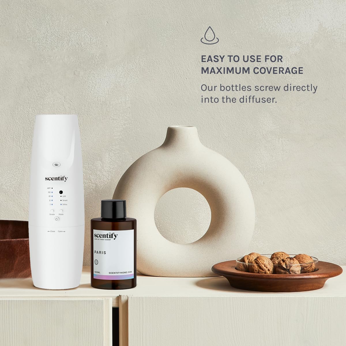 Scentify Paris diffuser oil cap close-up for easy, spill-free pouring
