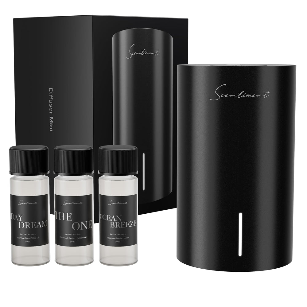 Scentiment Mini V2 LE diffuser front view in black, ideal for nightstand aromatherapy.