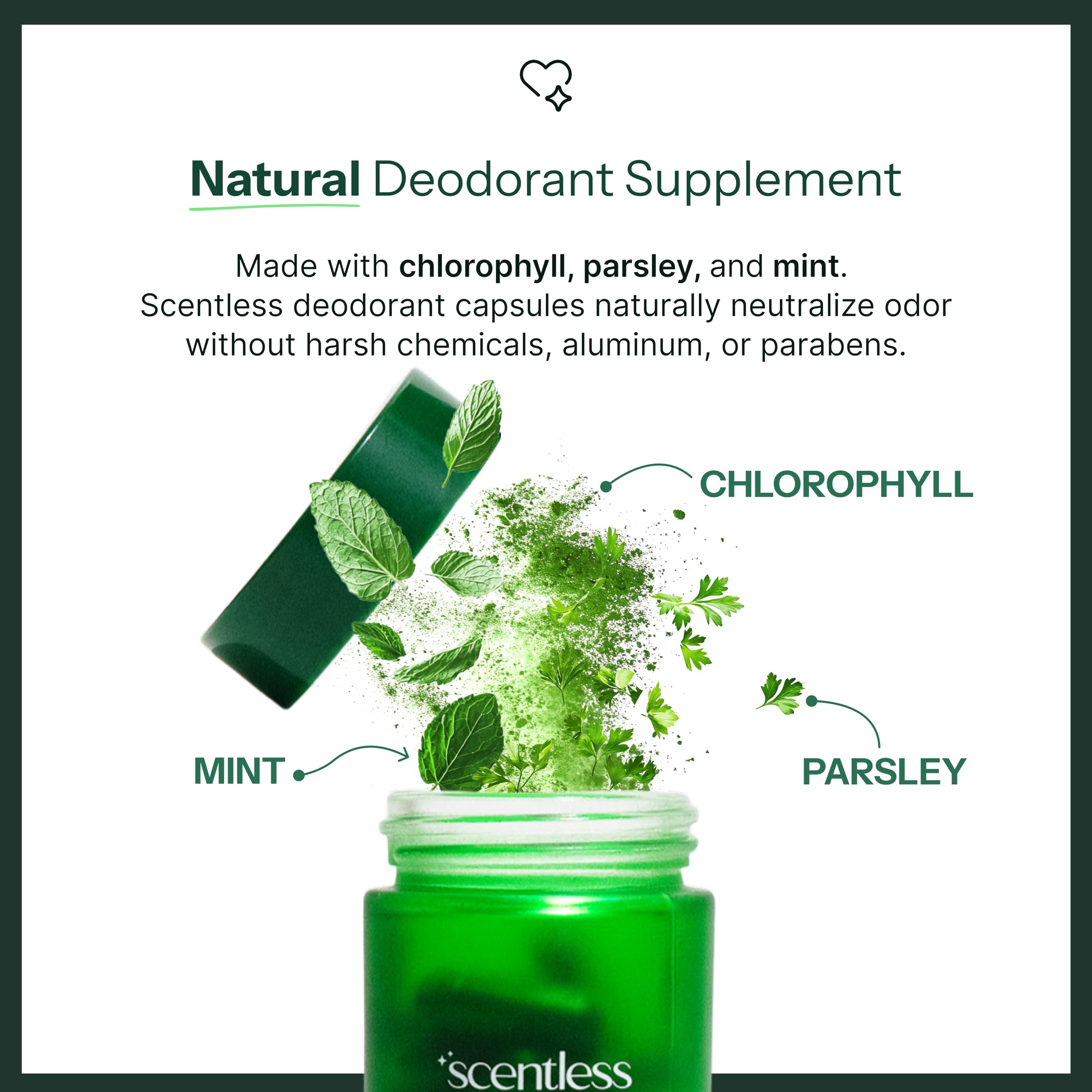 Scentless chlorophyll capsules promoting fresh breath and odor management