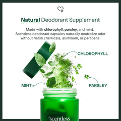 Scentless chlorophyll capsules promoting fresh breath and odor management