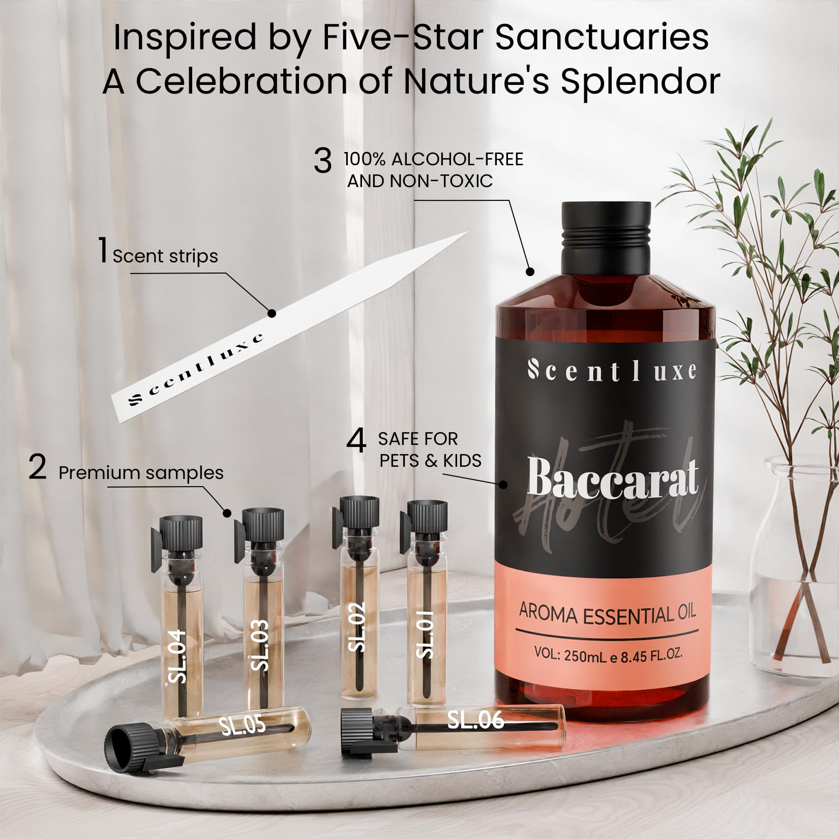 Scentluxe Baccarat diffuser oil with professional strips included previews scent evolution.