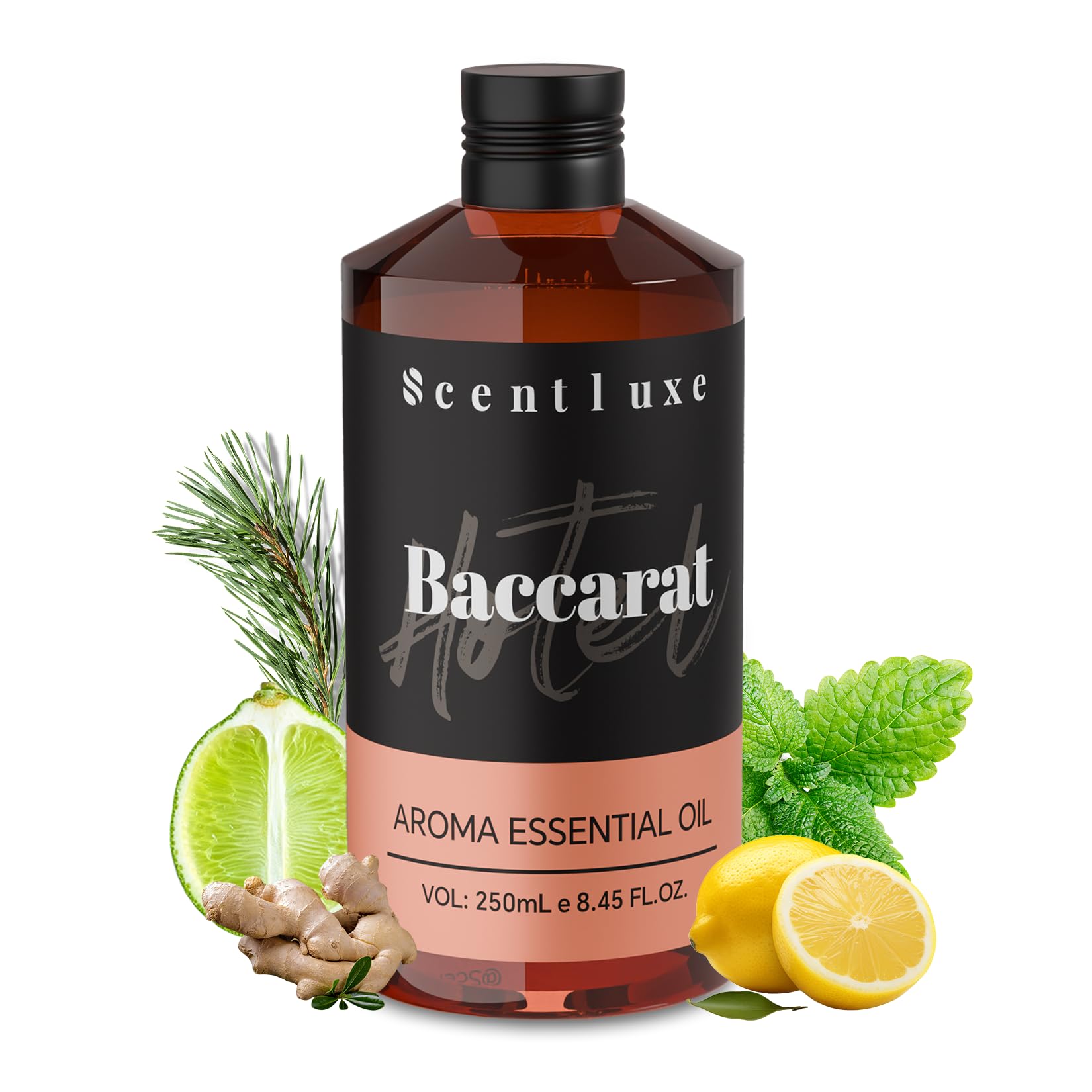 Scentluxe Baccarat diffuser oil pour showcasing luxury hotel-inspired fragrance for lobby ambience.