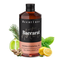 Scentluxe Baccarat diffuser oil pour showcasing luxury hotel-inspired fragrance for lobby ambience.