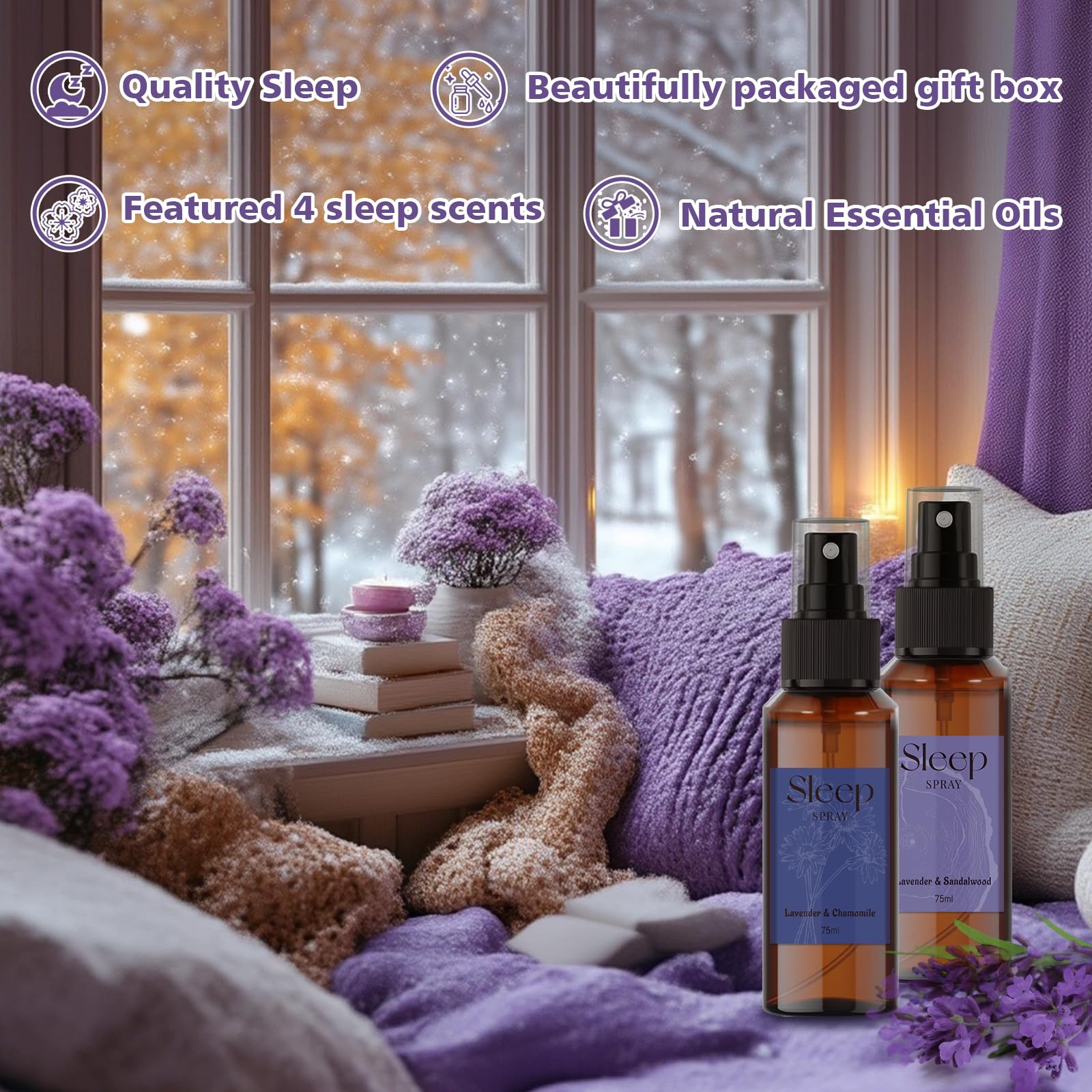 SCENTORINI Sleep Spray on pillows refreshes bedding and upholstery with scent.