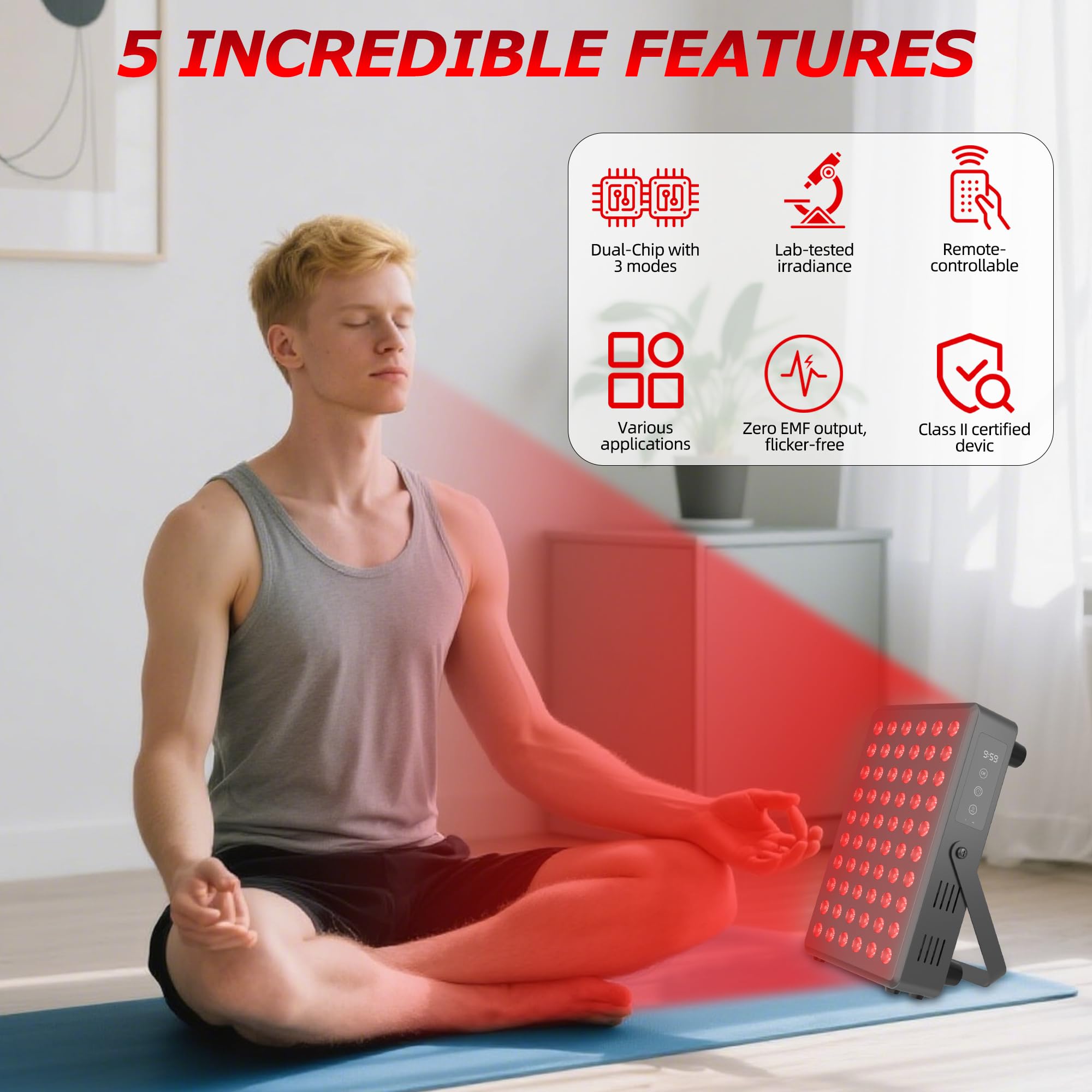 SCESFU red light panel mounted on wall for convenient home therapy