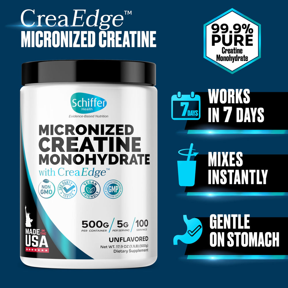Schiffer Health Creatine Monohydrate powder back view shows purity notes