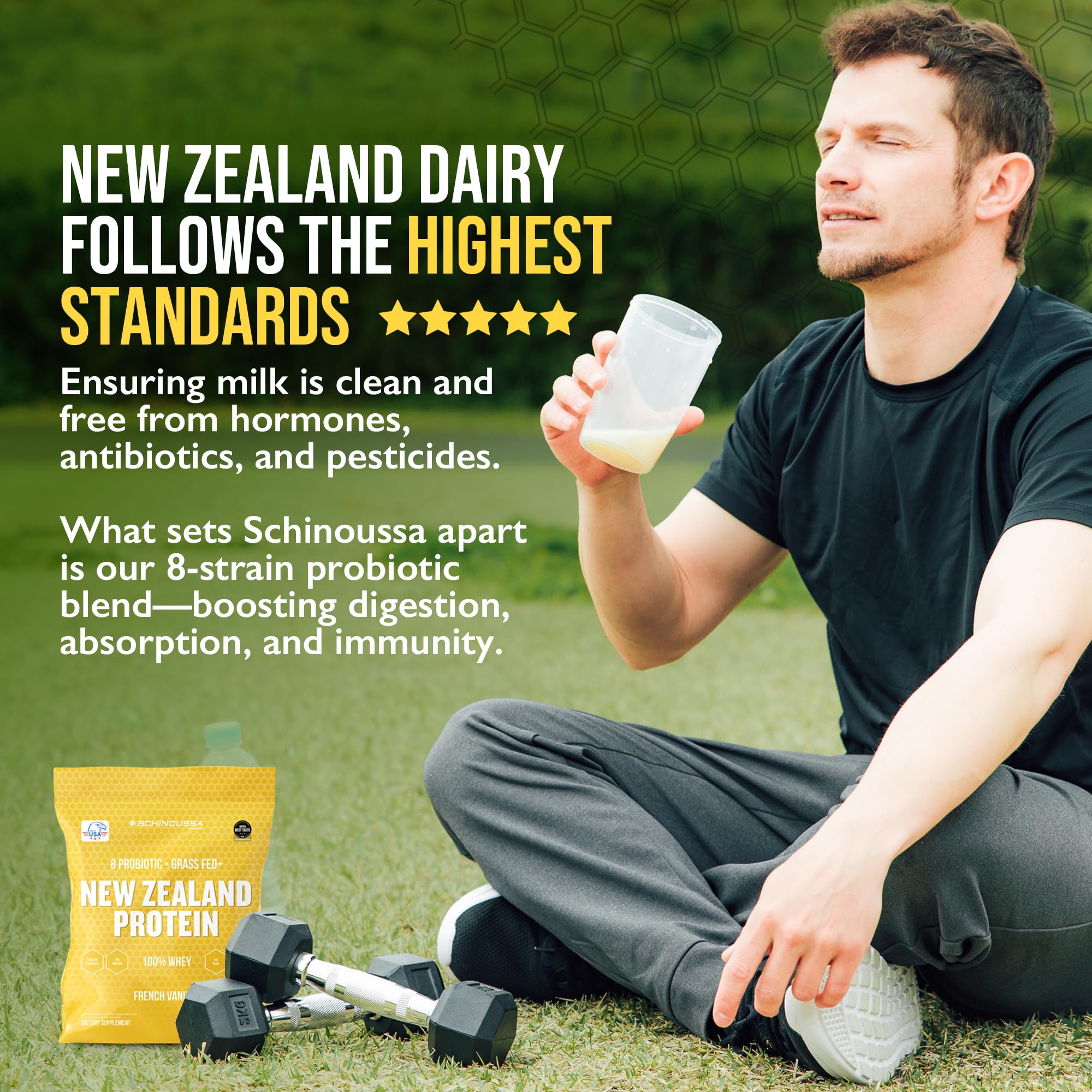 Schinoussa grass-fed whey packaging communicates natural, clean protein source