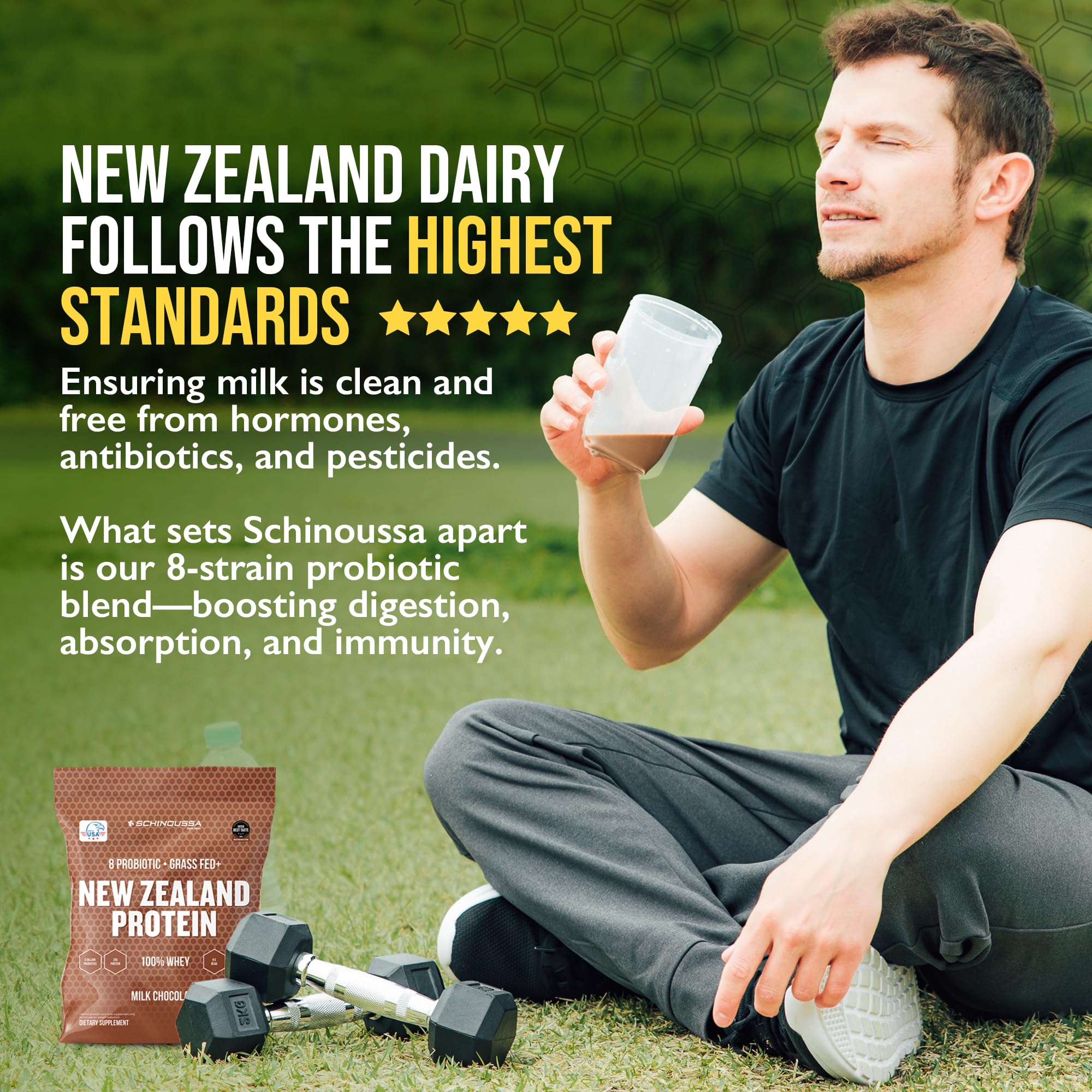 Schinoussa Probiotic Whey Ingredients Panel — 8 probiotic strains for gut-friendly protein.