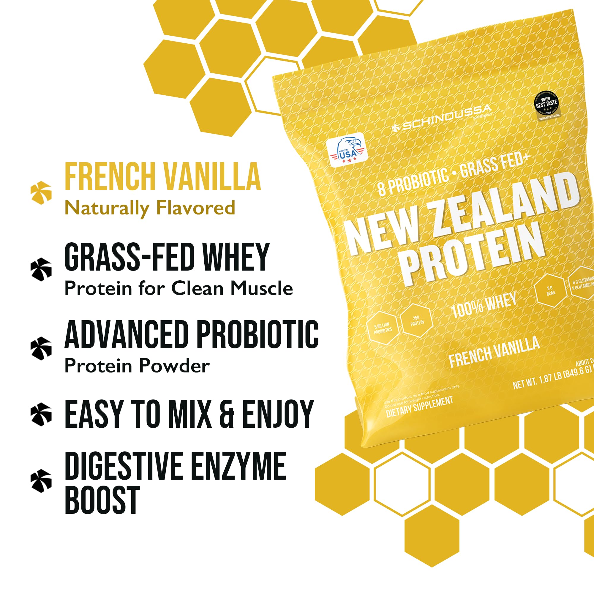 Schinoussa probiotic whey vanilla scoop shows precise portion for recovery