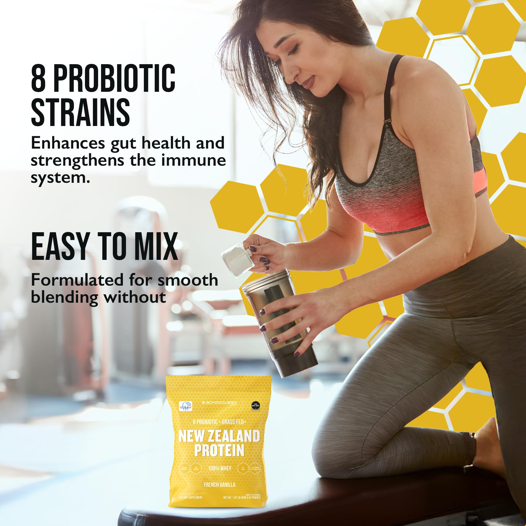 Schinoussa whey vanilla powder bag displays premium grass-fed formula