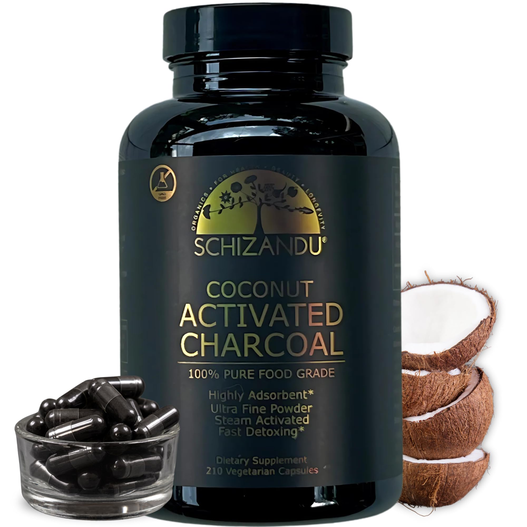 Schizandu Organics activated coconut charcoal capsules bottle for detox support.