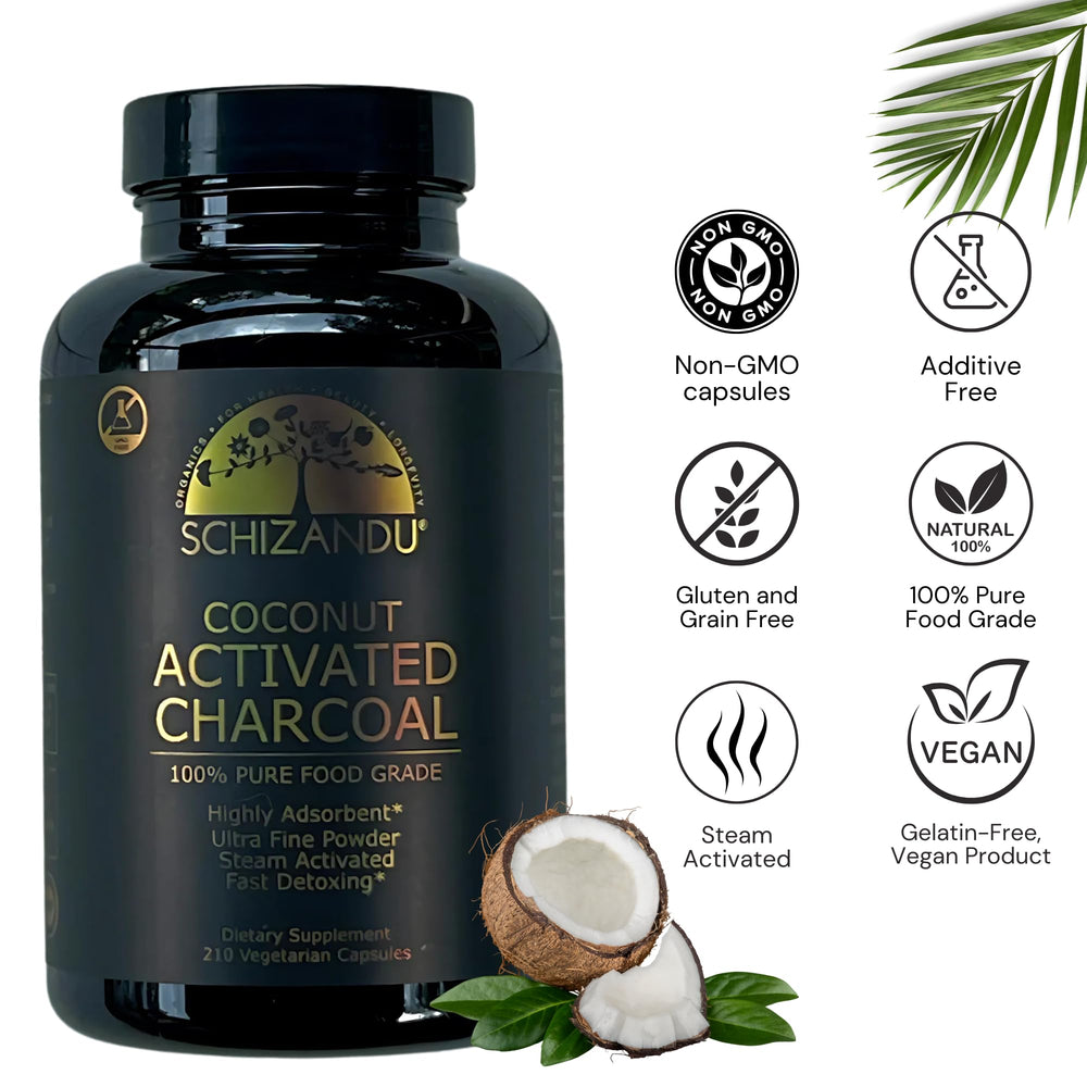 Schizandu Organics capsules close-up highlighting vegan non-GMO formula.