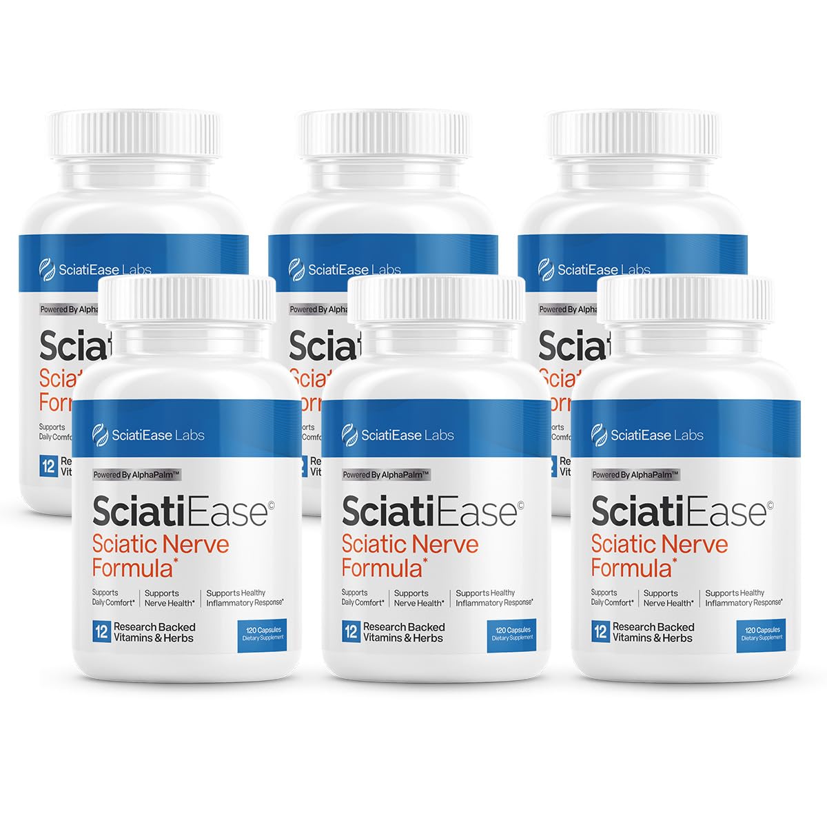 SciatiEase bottle front, signaling trusted nerve support for daily comfort