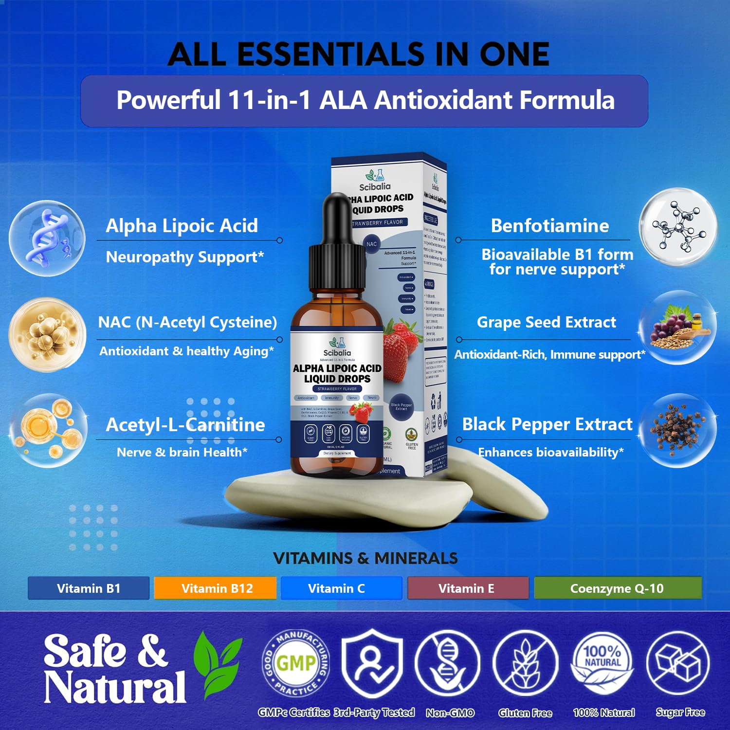 SCIBALIA Alpha Lipoic Acid drops strawberry flavor for easy daily use and refreshing taste