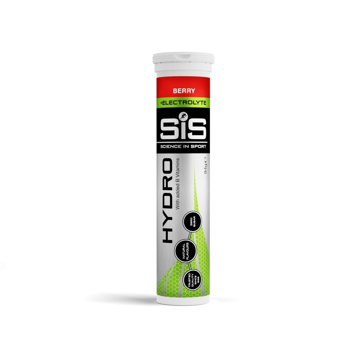 SIS electrolyte tablets in berry flavor in a portable tube for on-the-go hydration.