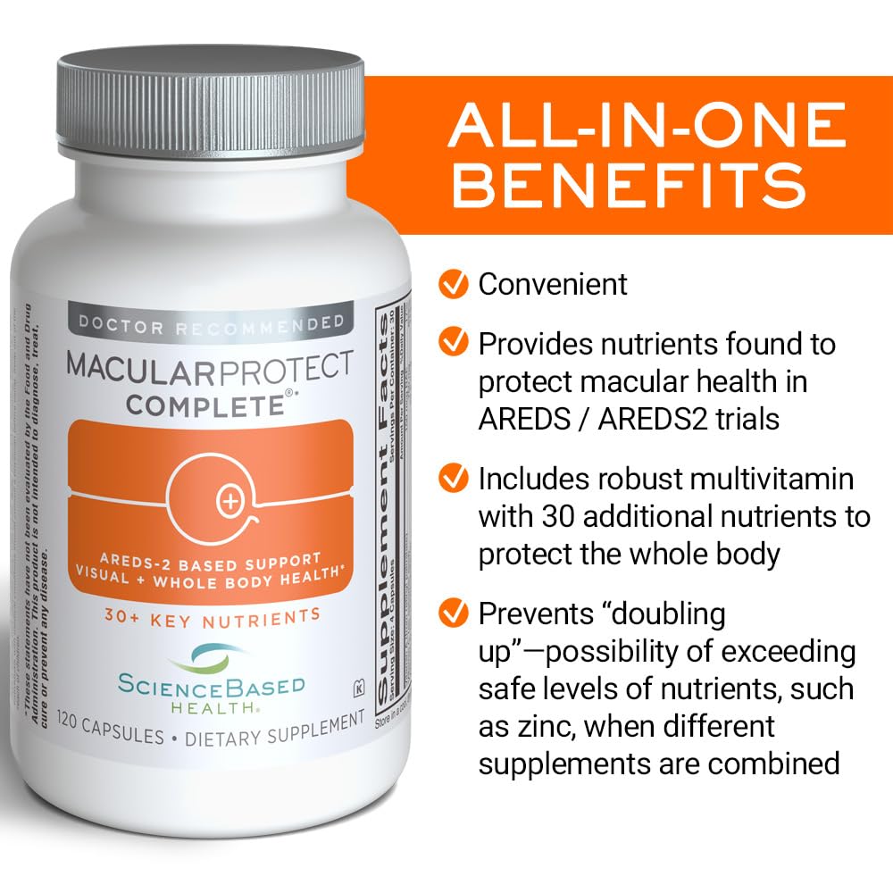 ScienceBased Health MacularProtect Complete bottle label shows AREDS 2 nutrients.