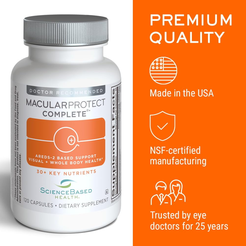 ScienceBased Health MacularProtect Complete bottle side view notes premium ingredients.